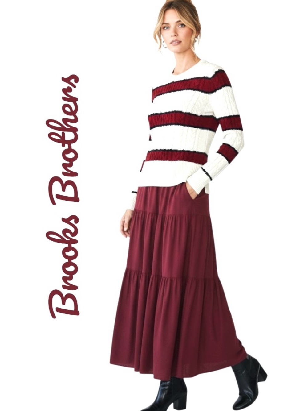 Brooks Brothers Sweater Ivory Burgundy Cable Slit/Botton/Sides Wool Blend Sz XS